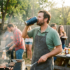 Man grilling burgers and sausages while drinking from a large tumbler at a backyard barbecue with people socializing in the background.