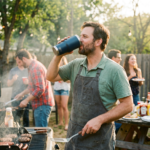 Man grilling burgers and sausages while drinking from a large tumbler at a backyard barbecue with people socializing in the background.