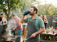 Man grilling burgers and sausages while drinking from a large tumbler at a backyard barbecue with people socializing in the background.