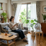 Woman sitting on gray sofa reading a book in a bright living room with plants and a fan on a stool