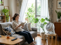 Woman sitting on gray sofa reading a book in a bright living room with plants and a fan on a stool