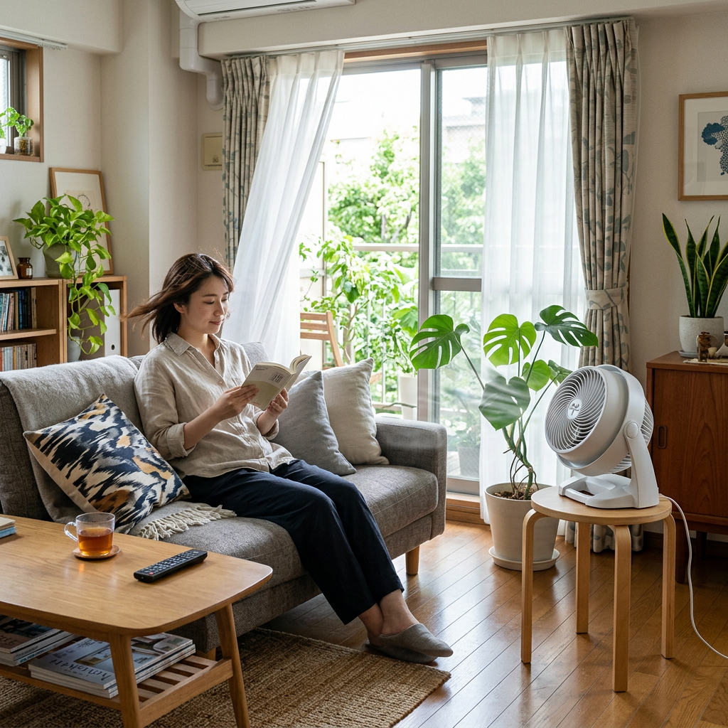 Woman sitting on gray sofa reading a book in a bright living room with plants and a fan on a stool