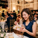 華やかな会場でプレゼントに喜ぶ女性