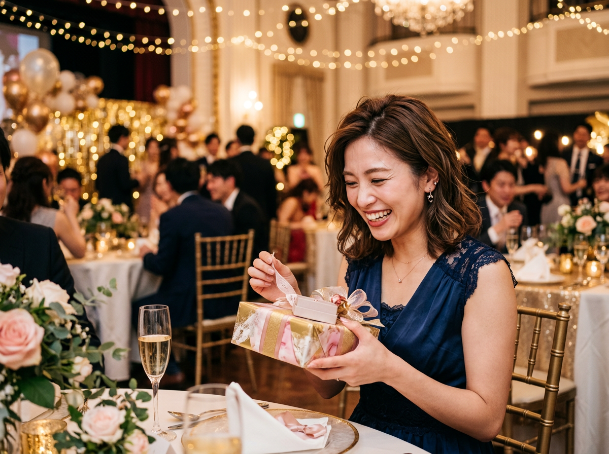 華やかな会場でプレゼントに喜ぶ女性
