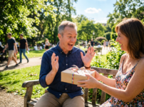 Woman giving a wrapped gift to an excited man on a park bench