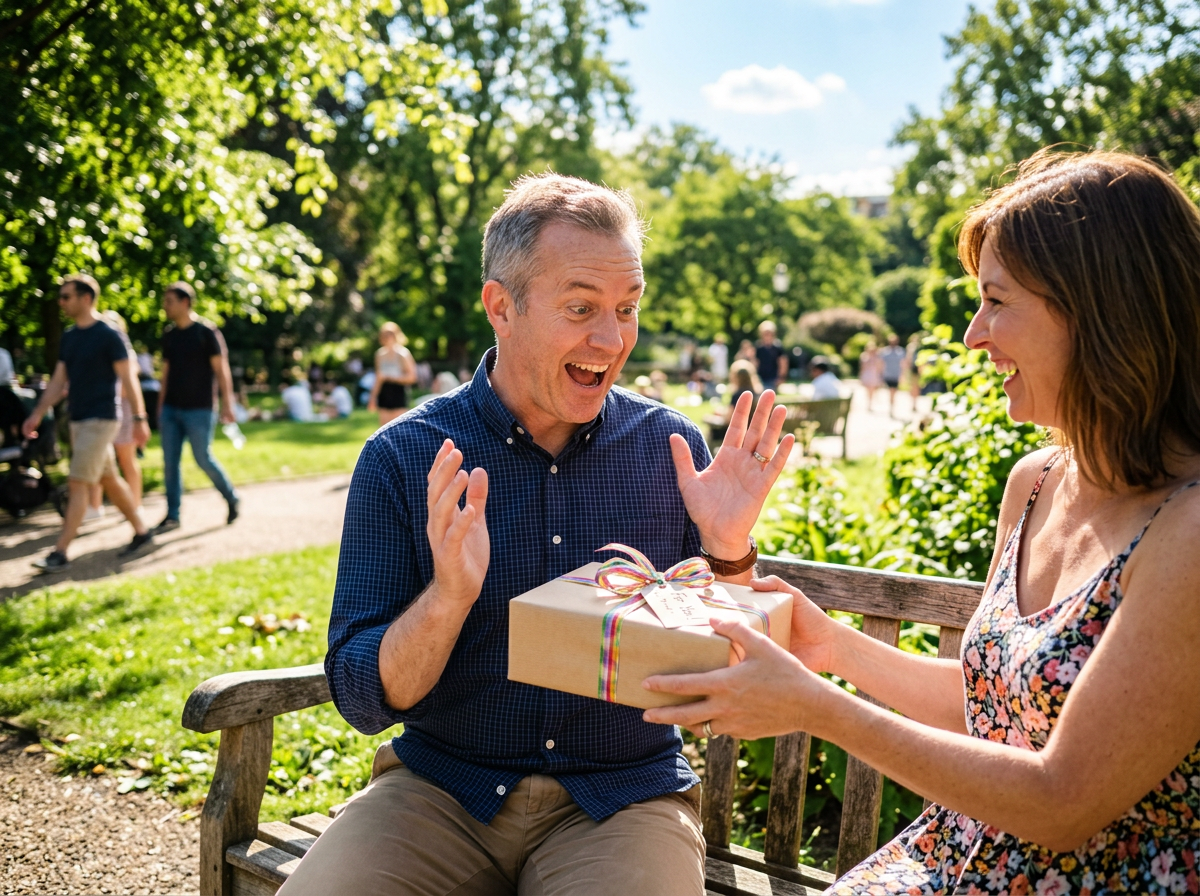 Woman giving a wrapped gift to an excited man on a park bench