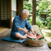 Elderly man sitting on a blue cushion cutting a watermelon on a wooden porch surrounded by greenery