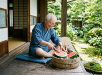 Elderly man sitting on a blue cushion cutting a watermelon on a wooden porch surrounded by greenery