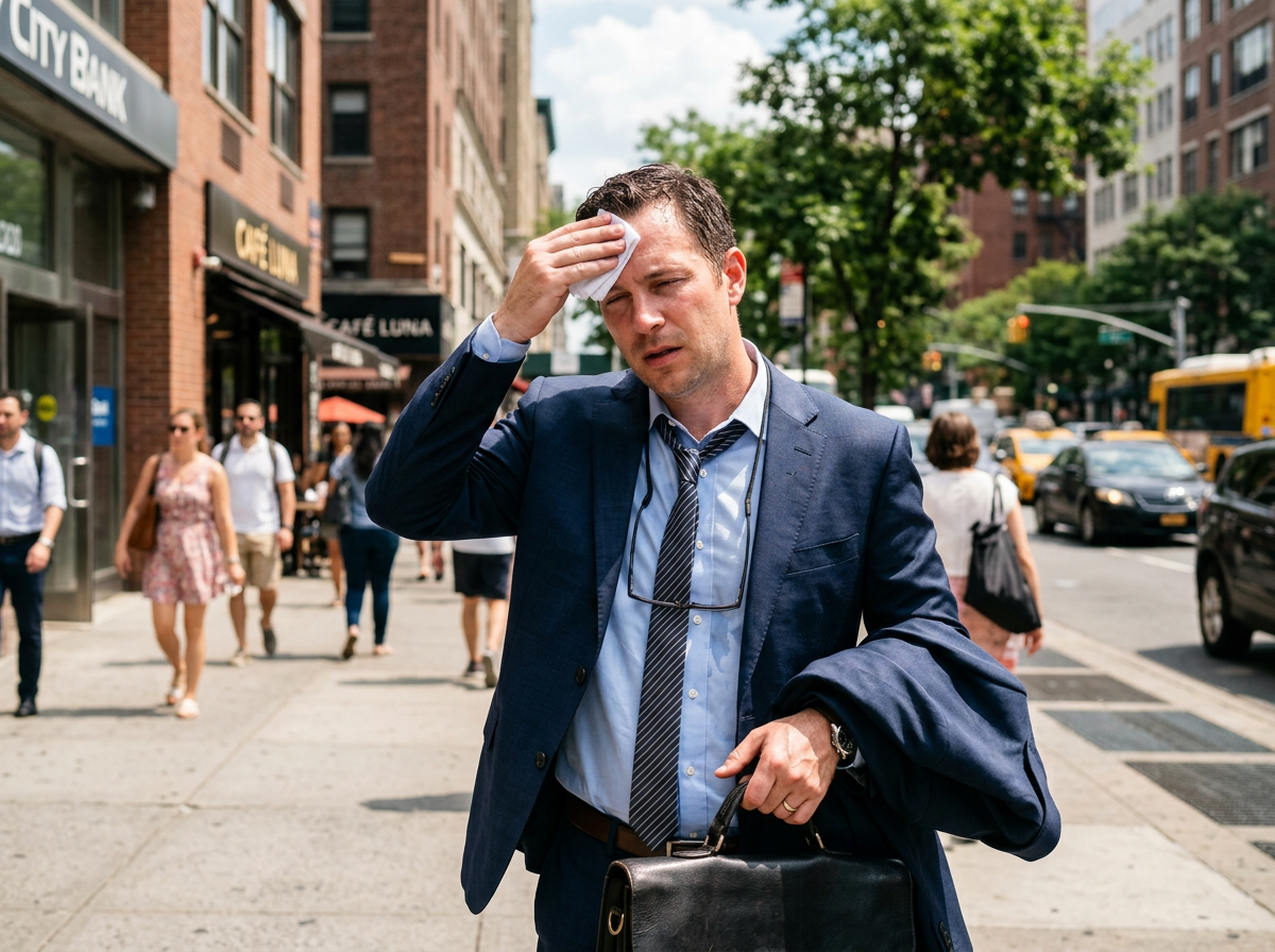 Businessman wiping sweat outdoors in summer